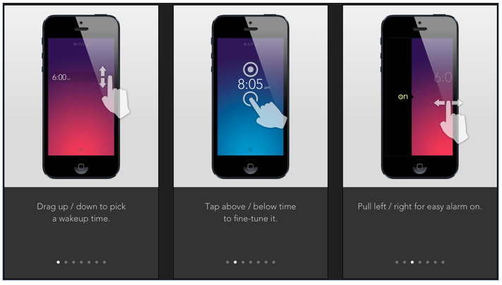 The Rise alarm clock app uses function oriented onboarding to showcase unique gesture based commands