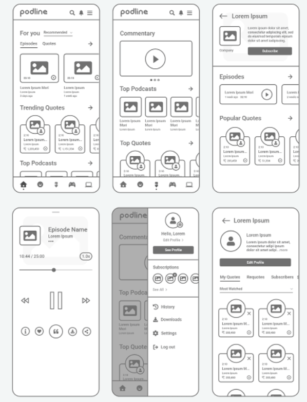 Podline app wireframe