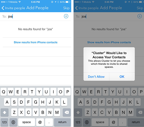 Cluster app only asks access to your contact list when youre about to invite friends