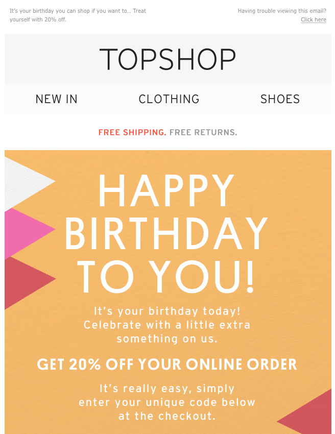 TopShop birthday email