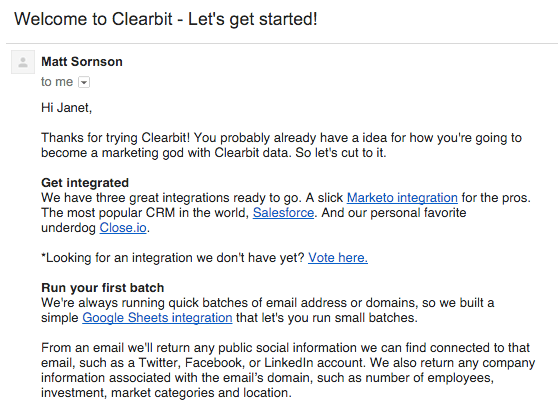 Clearbit welcome email