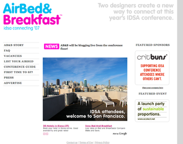 original airbnb landing page in 2007 with picture of deck chairs on roof