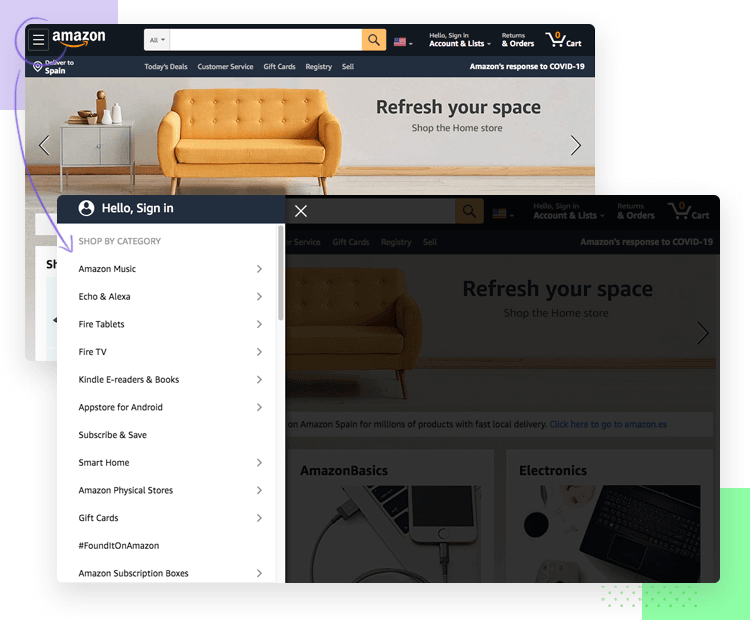 Hamburger menu design on mobile apps Amazon