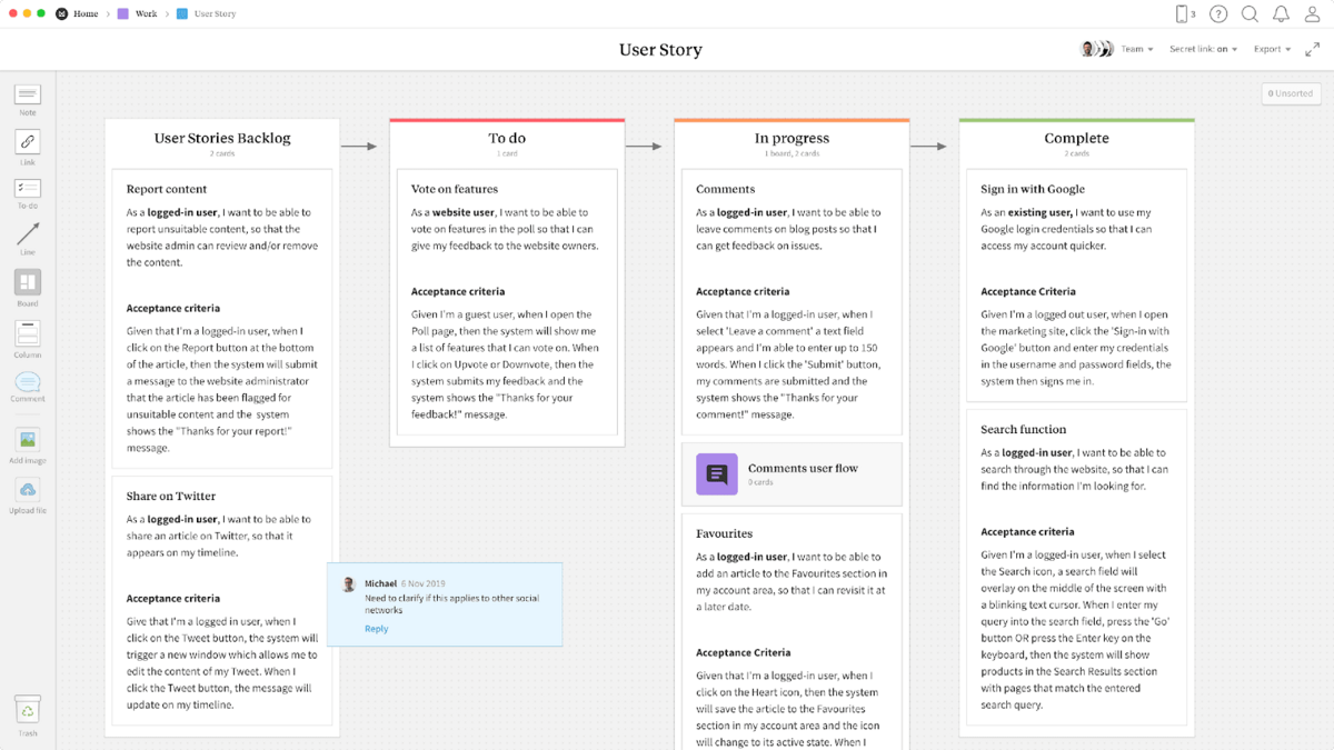 User Story Template within the Milanote app