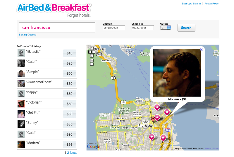 airbnb site showing map of san francisco with pop up listings