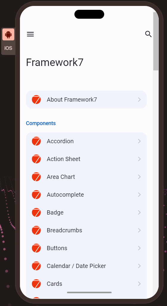 Framework7 interface