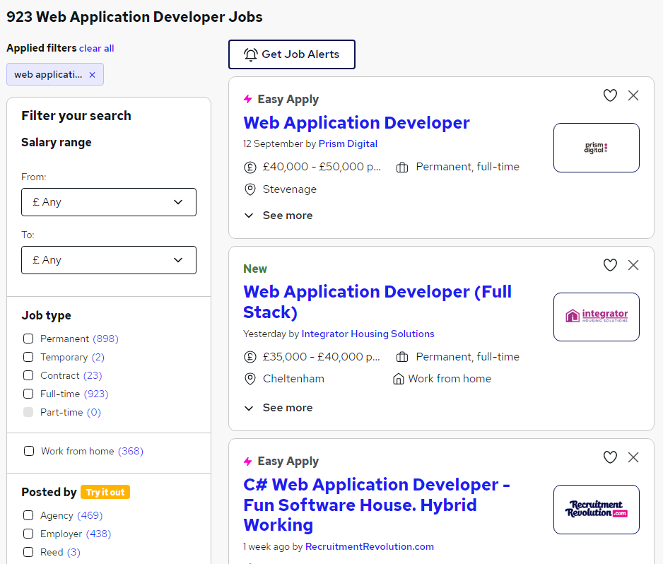 Reed web app developer jobs