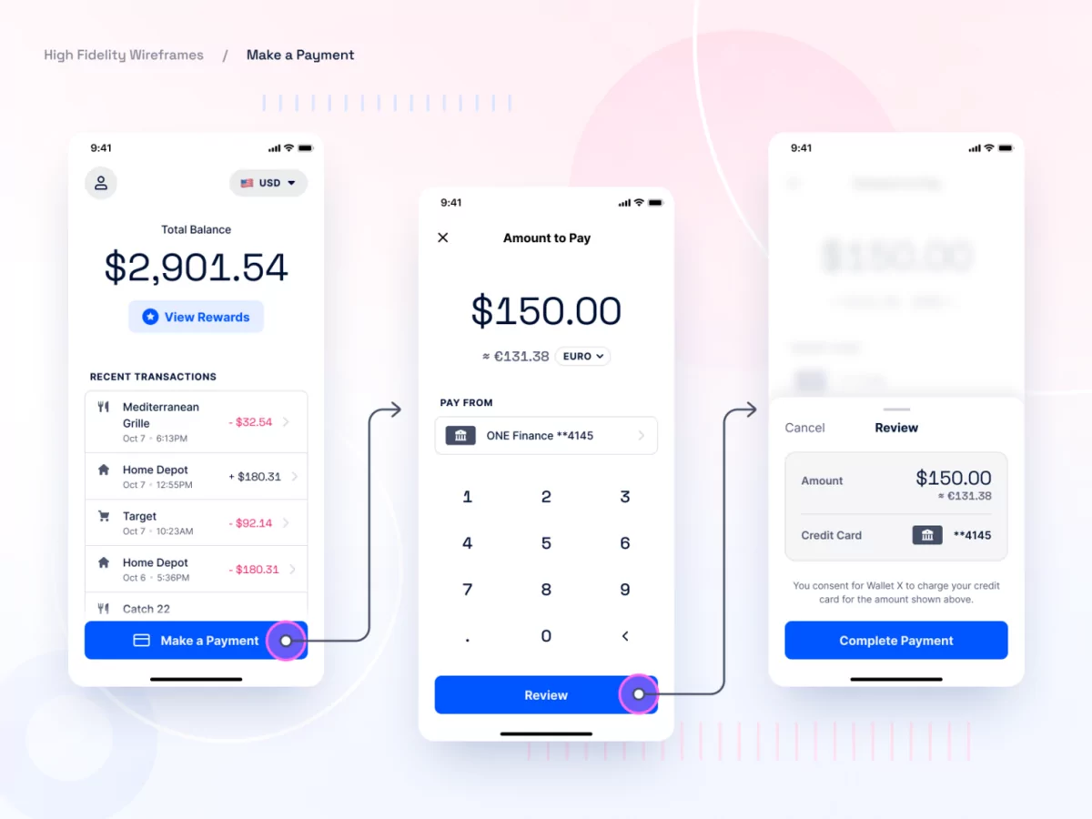 Wireframes Hi Fi transactions flow fintech finance app bank app credit card app pay payment ios app design ui ux app deisgn ios black and white grayscale blue inter space grotesk hifi wireframe