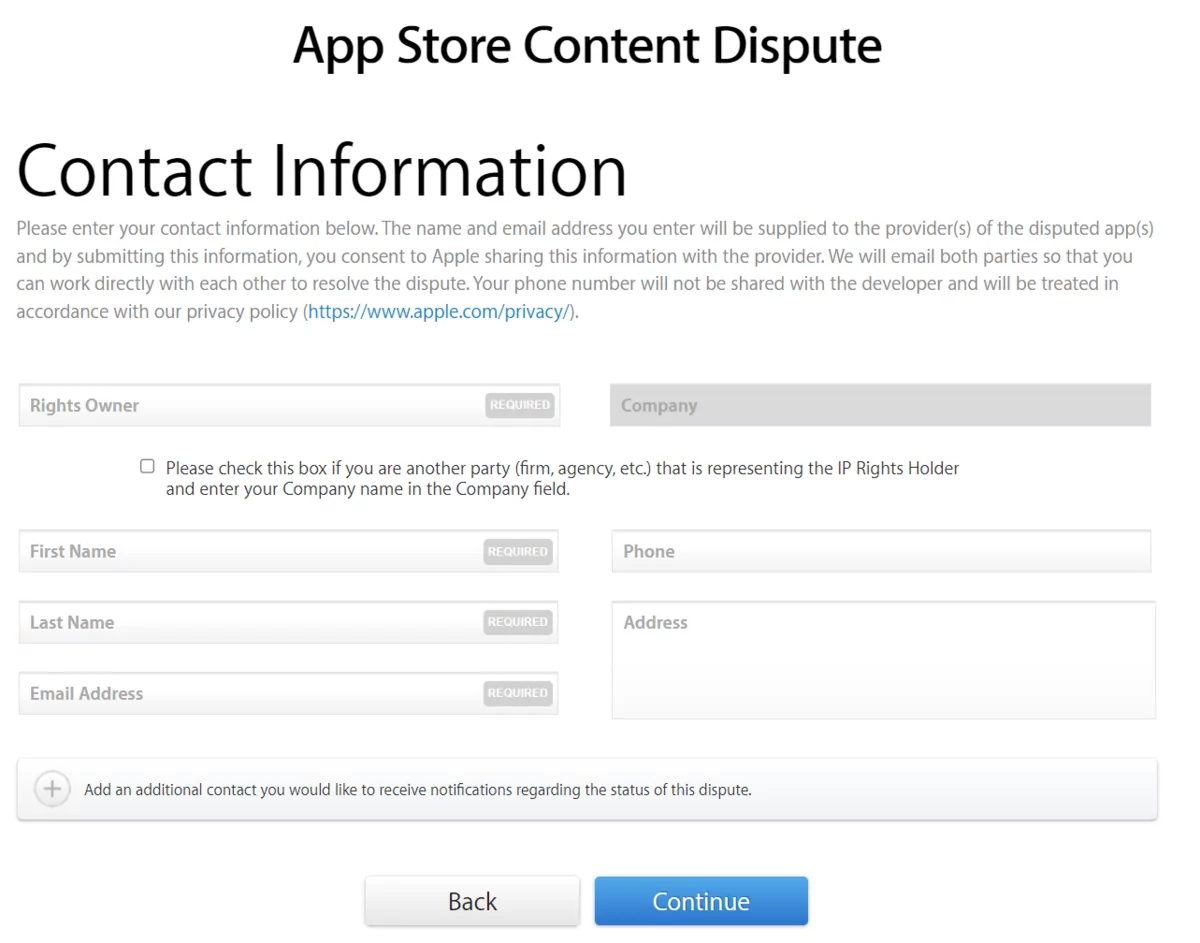 Apple App Store content dispute form